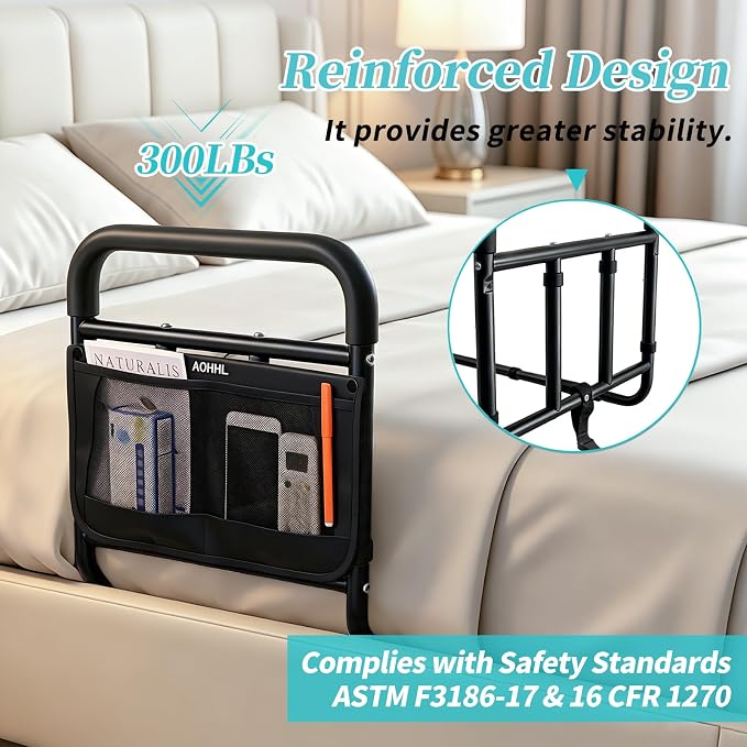 AOHHL Bed Rails for Elderly Adults Safety Adjustable Heights Storage Pocket Assist Support Side Railings for Seniors Citizens Slides Under Mattressbed Cane Bed Guard Bed Handles Bars (Black)