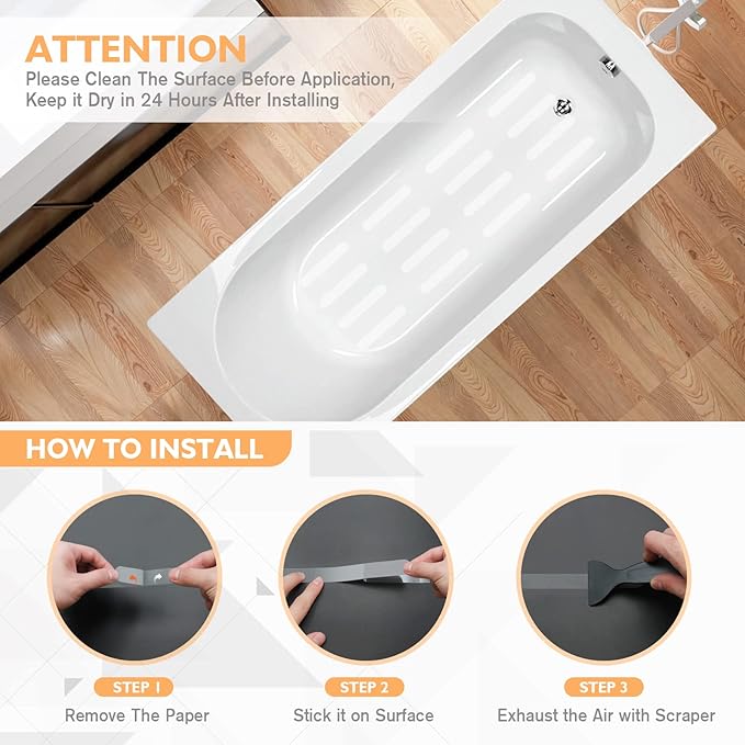 Non Slip Bathtub Stickers, 24 PCS Shower Stickers for Safety Bathroom Tubs, Bathtub Non Slip Stickers and Adhesive Decals Scraper for Bath Tub, Shower Floor, Stairs, Ladders(Clear)
