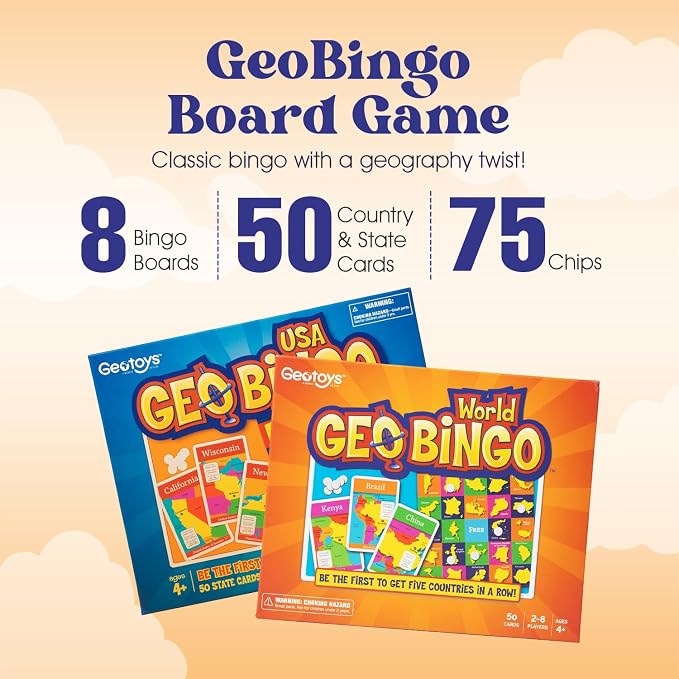 World & USA Bingo for Kids Ages 4 and Up, Geography Game for Home & School | Fun Kids Educational Game & Learning Resources, Bingo Games for Family, Play & Learn States and Capitals & World Countries