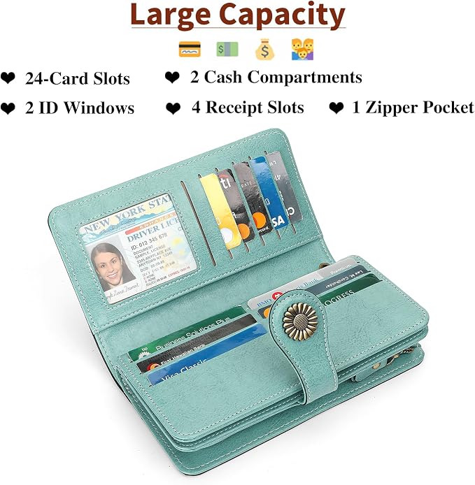 SENDEFN Wallets for Women Leather Credit Card Holder with RFID Blocking Large Capacity Wristlet | with RFID Blocking