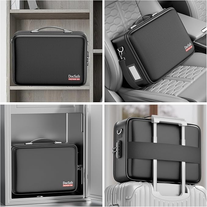 DocSafe Fireproof Document Box Hard Case with Lock ＆ Accordion File Folder | Fire and Water Resistant Safe Box,File Organizer,Multi-Pocket,Home Office Travel Storage for Important Document,Laptop,Black