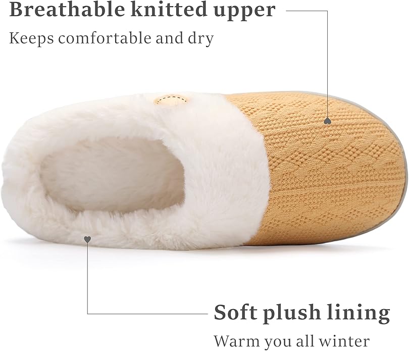 Chantomoo Womens Slipper Warm Comfy Memory Foam House Slippers Knitted Shoes Faux Fur Lined Anti-Skid Rubber Sole Bedroom Cozy Indoor Outdoor Slippers