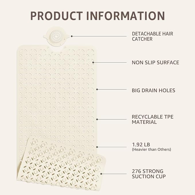 OTHWAY Bath Mat for Tub Non Slip: 39" X 17" Long Bathtub Mat with Hair Catcher│Big Drain Holes Shower Mats for Inside Shower│Machine Washable (Beige)