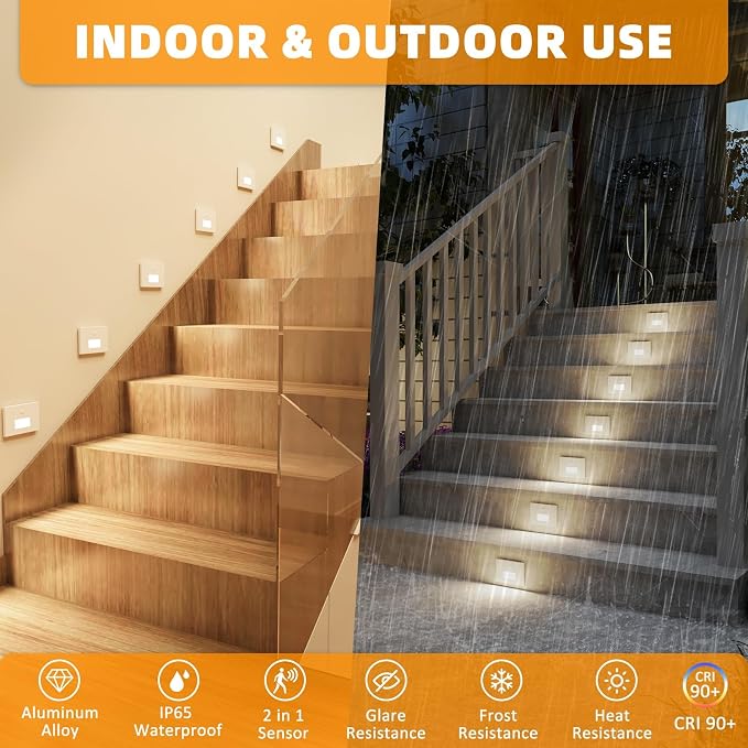 8 Pack 3CCT 120V Motion Sensor Step Lights with Dimmer Switch, White | LED Stair Lights Indoor Outdoor, 3000K/4000K/6000K, 0%-100% Dimmable, 5W 500LM, IP65 Waterproof, Hard Wired, Aluminum, ETL