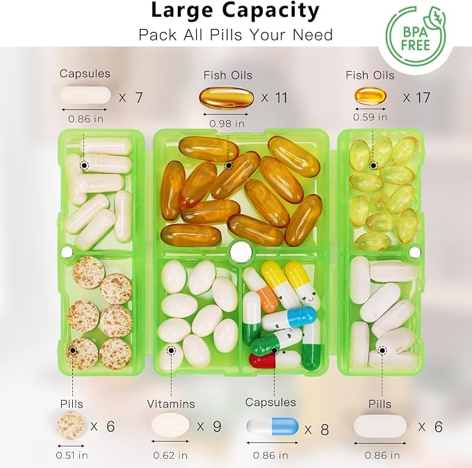 FYY Daily Pill Organizer, 7 Compartments Portable Pill Case Travel Pill Organizer,[Folding Design] Pill Box for Purse Pocket to Hold Vitamins,Cod Liver Oil,Supplements and Medication-Clear Green
