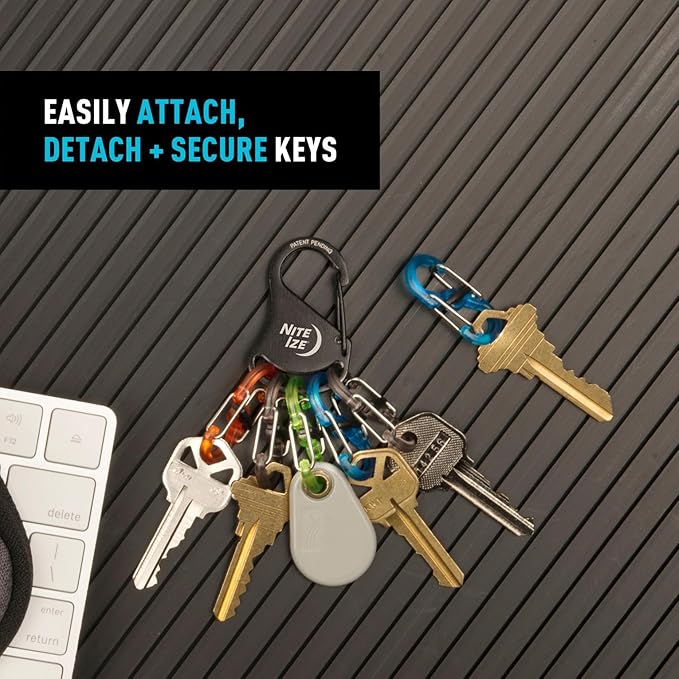 Nite Ize KeyRack Steel S-Biner - Plastic Key Carabiner Organizer with 6 S-Biners - Keychain Accessories to Hold Keys Securely and Separately