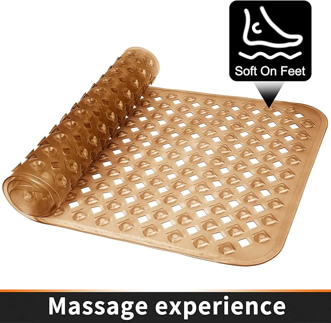 Yimobra Bathtub Mat Non Slip, Super Strong Suction Cups, 34.5"x15.5" Long Shower Mat with Drain Holes, Machine Washable Fast Draining Bath Mats, Bathroom Essentials,Clear Brown