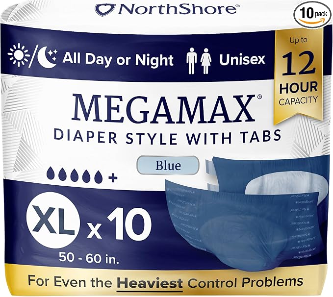 NorthShore MegaMax 12-Hour HBL Adult Diapers for Heavy Bladder Leaks, X-Large, 10 Count, Blue, 50-60 inches, Tab-Style Incontinence Underwear for Men, Women & Teens