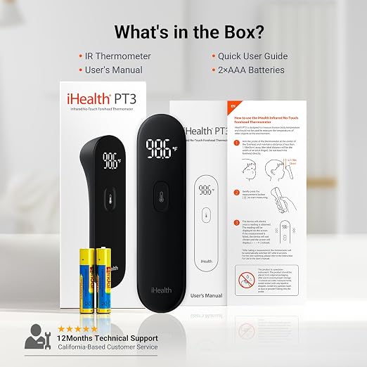 iHealth No-Touch Forehead Thermometer for Adults, Babies, Kids PT3 Black | 1s Fast Accurate, 3 Ultra-Sensitive Sensors, Quiet Vibration Feedback, Digital Large LED Digits, Use for Home & Nurses