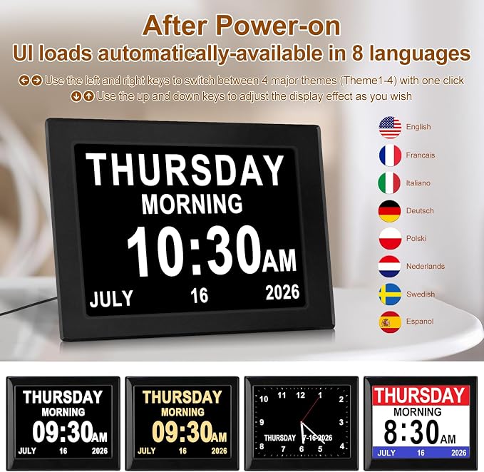 Day Date Time Clock for Seniors Elderly 3 Medication Reminders+ 5 Custom Reminders Digital Calendar Dementia Impaired Vision Memory Loss Clock(Black,8-inch)