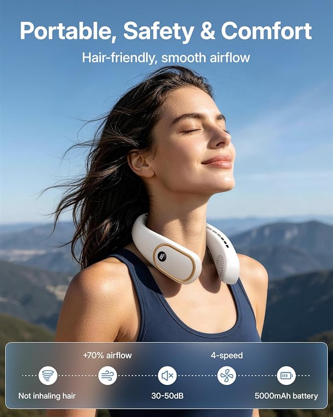 SHEWIND Portable Neck Fan - 5000mAh Rechargeable Hands-Free Wearable Fan | 4 Speeds, Bladeless & LED Display | Personal Cooling Fan for Travel, Outdoors, Camping - White