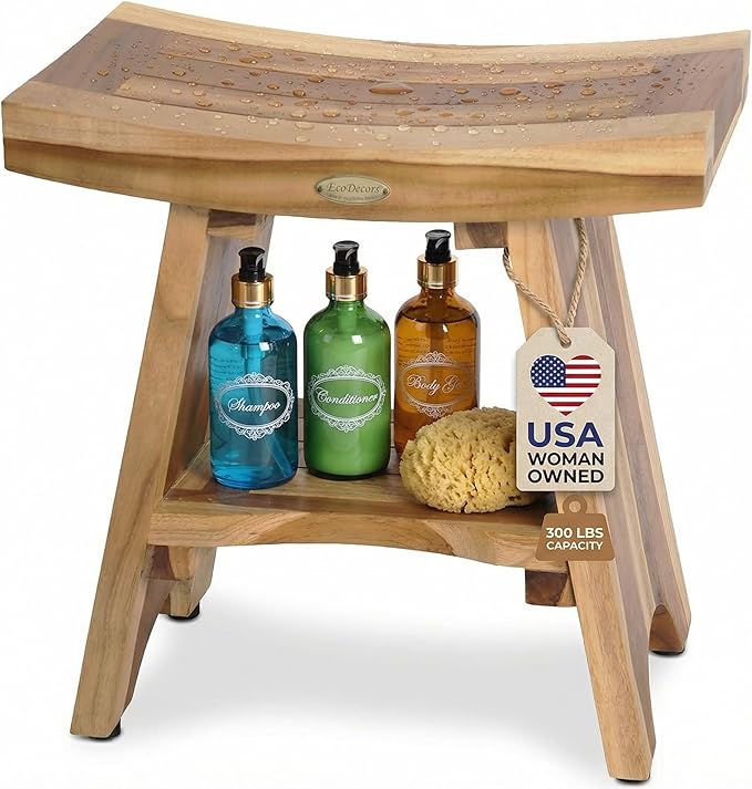 EcoDecors Teak Shower Bench 18", 300 lb Capacity – Waterproof Wood Bath Seat with Shelf, Spa Seating for Adults – Compact Fit for Small Bathrooms & Walk-in Showers – Slip-Resistant Feet