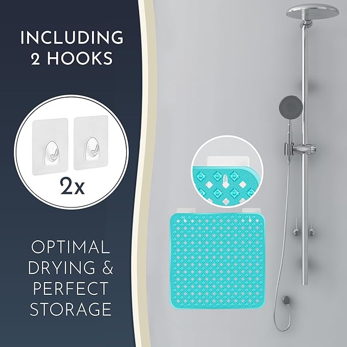 homerella® Shower Mat Non Slip Anti Mold, Non Slip Shower Mats for Inside Shower Stall Anti Slip Mat, Square Shower Floor Mat 21 x 21 in with Suction Cups & Hooks for Quick Drying, Machine Washable