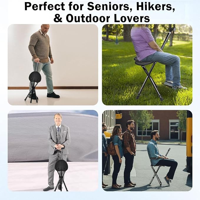 Cane with Seat, Folding Walking Cane Chair with LED Light, Height Adjustable Lightweight Aluminum Walking Stick with Seat, Portable Seat for Seniors & Adults, Fits 55.1–78.7 in Height, 250 lb Capacity