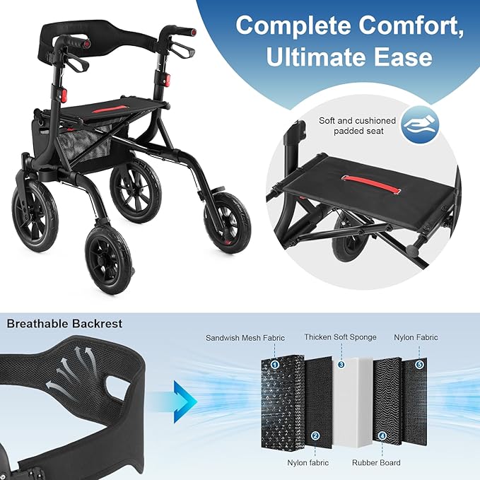 Walkers for Seniors, Rollator Walker with Seat, 12" Big Rubber Wheels All Terrain Rollator Walker with Backrest, Built-in Cable, Cup Holder, Foldable and Height Adjustment for Seniors, Black