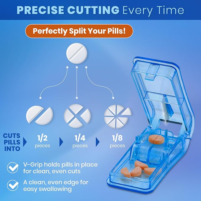 Pill Cutter - V- Grip Pill Crusher and Cutter for Vitamins, Big & Small Pills, and Medication - Transparent Pill Splitter with Pill Holder Case to Split
