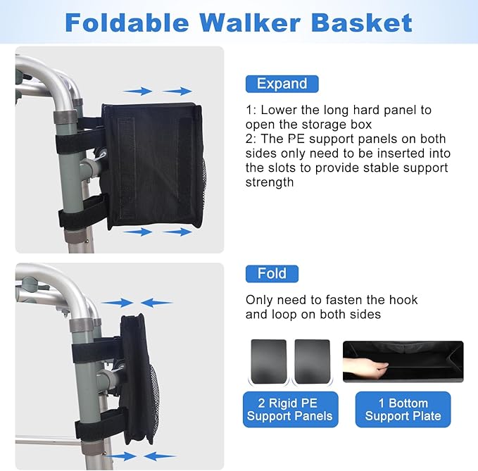 supregear Walker Basket, Foldable Walker Bag with Cup Holder, Storage Pouch with Large Capacity and Never Tipping Over, Hand-Free for Seniors Elderly, Not Fit for Rollator, Black
