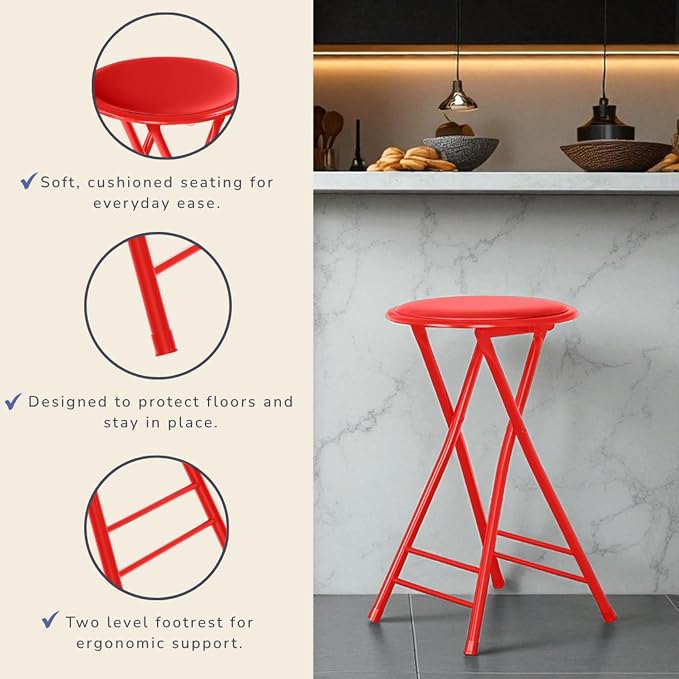 Lavish Home Folding Stool with Padded Backless Seat Set of 4, Red, 24” | Counter Height Bar Stools with 225lb Capacity, Portable Indoor & Outdoor, Extra Seat for Kitchen, Rec Room or Camping