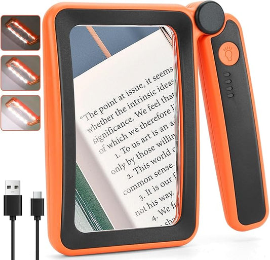 Rechargeable Magnifying Glass with Light for Reading, 5X Large Page Lighted Magnifier for Seniors Low Vision, Folding Handheld Rectangle Magnifier for Reading Small Print Orange-Black