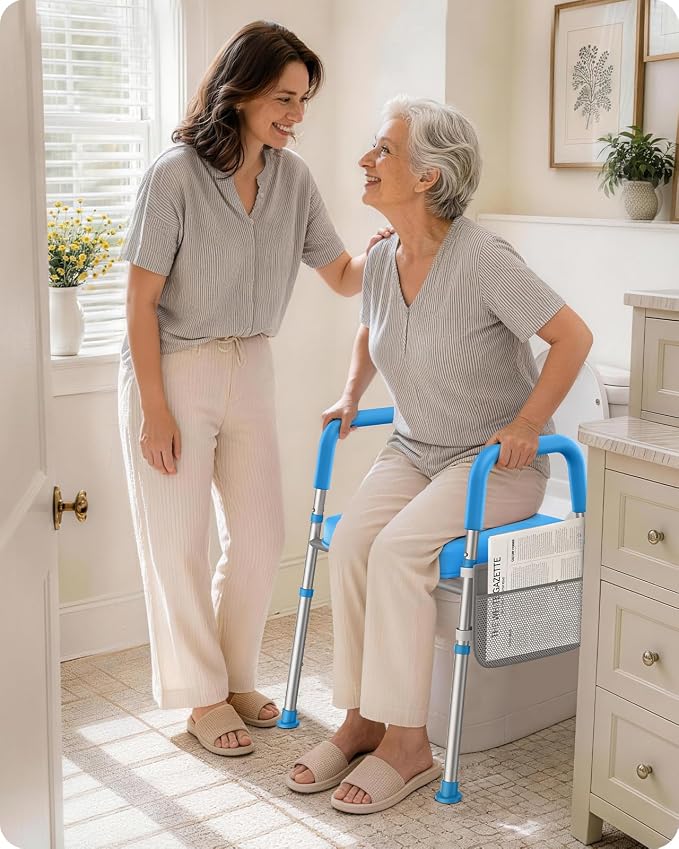 KEKOY Toilet Seat Risers for Seniors, Adjustable Height Width, Fits Most Users | Padded Elevated with Handles, Tool Free Install, Fits Most Round Elongated Toilets for Handicap,Ideal for Bathroom, Blue