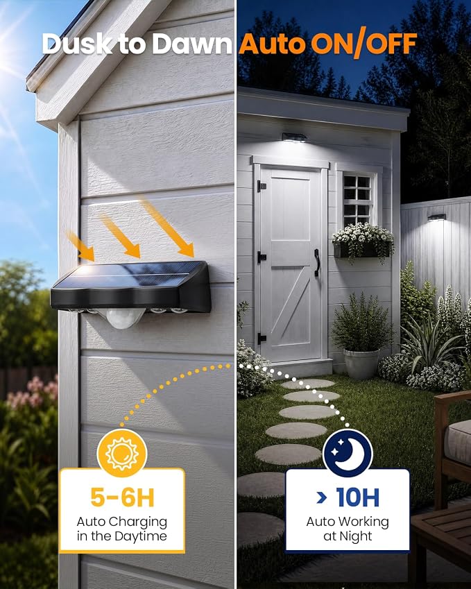 VOLISUN Motion Sensor Solar Fence Lights Outdoor 12 Pack, IP65 Waterproof, 3 Modes (High/Low/Steady-On) Dusk to Dawn Backyard Lights, 6000K Cool White Motion Sensor Outdoor Lights for Garden Yard Deck