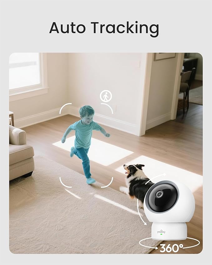 youkey Indoor Camera 2.5K, No Monthly Fees, Pan & Tilt, 360° Dog/Pet Camera for Home Security, 2.4/ 5GHz WiFi 6, Bluetooth Pairing, Human/Pet/Baby Crying Detection, Two-Way Audio, Night Vision
