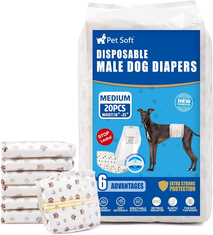 Pet Soft Dog Diapers Male - Disposable Male Dog Wraps Wetness Indicator, Ultra Absorbent Doggie Diapers Comfortable for Incontinence Excitable Urination, 20pcs Medium