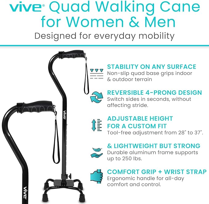 Vive Quad Cane - Walking Stick for Men and Women - Lightweight Adjustable Staff - Comfortable Right and Left Hand Grip for Stability Support - Four Prong Sturdy Aluminum Travel Aid - 4 Tip Black