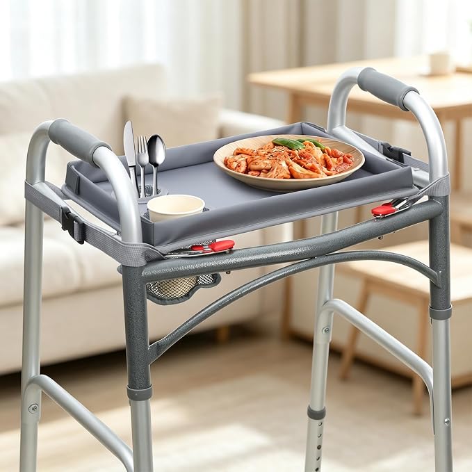 Detachable Walker Tray with Cup Holder, Rolling Folding Walker Accessory for Elderly, Gray Without Pockets with Baffles