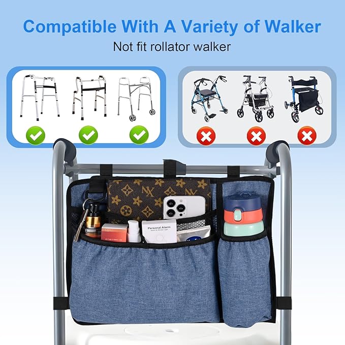 Xlajiao Walker Bag with Cup Holder, Premium Walker Basket for Folding Walker, Foldable Walker Storage Bags for Seniors with Big Capacity & Water Resistant, Blue