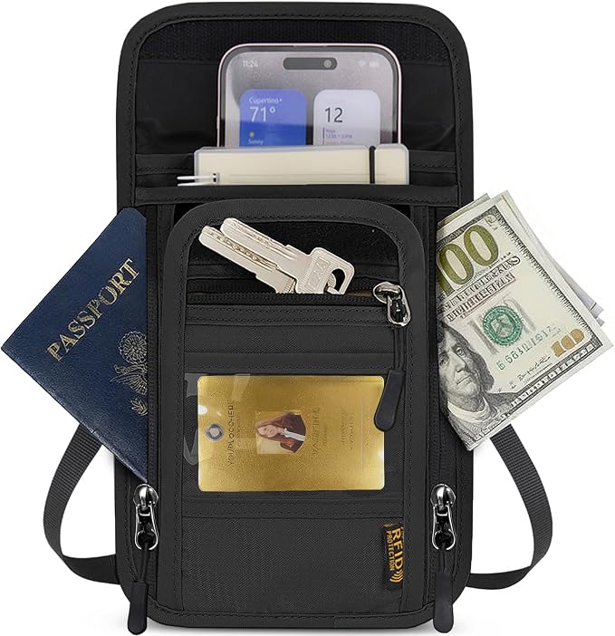 Travel Neck Wallet RFID Blocking – Hidden Passport Holder & Anti-Theft Money Pouch for Men & Women, Lightweight Concealed Undergarment Organizer with Adjustable Strap, Secure Document Holder