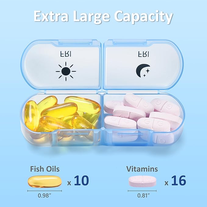 Fullicon Extra Large AM PM Pill Box Organizer 7 Day, Travel Medicine Pill Organizer 2 Times a Day, Large Supplement Vitamin Dispenser, Weekly Jumbo Pill Case Container for Purse (Clear Rainbow)