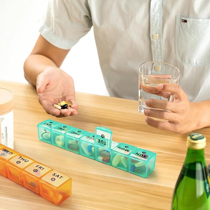 2-Pack Large Weekly Pill Organizer,7 Day Pill Cases Organizers Once A Day,Am Pm Pill Container 14 Compartment,Daily Vitamin Pill Box Dispenser 1 Week,Medication Aid Organizer Box for Supplement