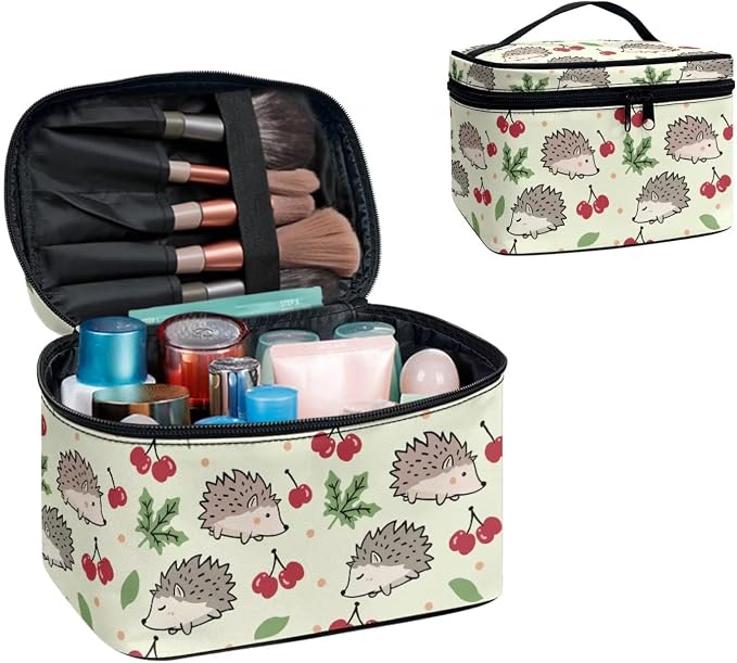 Hedgehogs Large Cosmetic Bag for Women Travel Makeup Bag Handle, Cartoon Animals Portable Toiletries Bag Brush Bags for Traveling, Light Green