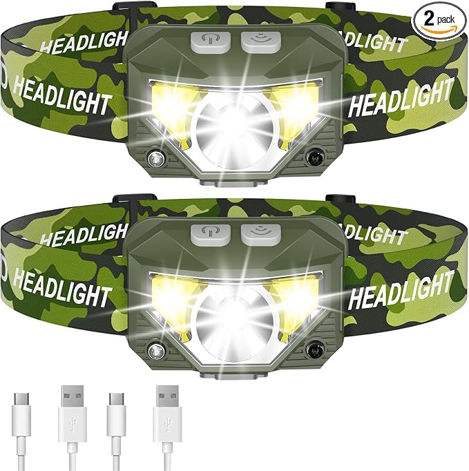 LHKNL Headlamp Flashlight, Lumen Ultra-Light Bright LED Rechargeable Headlight with White Red Light,2-Pack Waterproof Motion Sensor Head Lamp,8 Mode for Outdoor Camping Running Fishing- Green