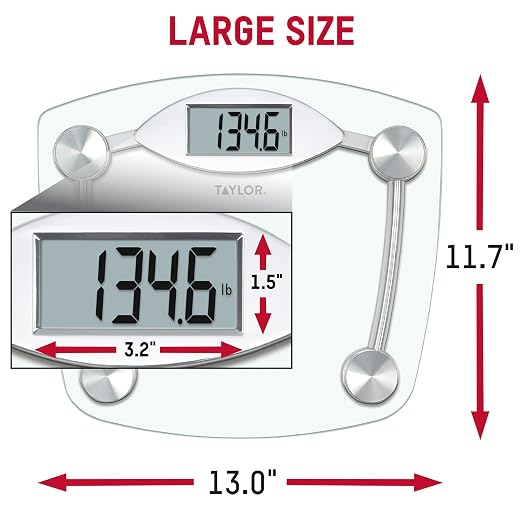 Taylor Digital Bathroom Scale, Body Weight Scale, Instant On and Off, 400 lb Capacity, Sturdy Clear Glass with Chrome-Finish Base