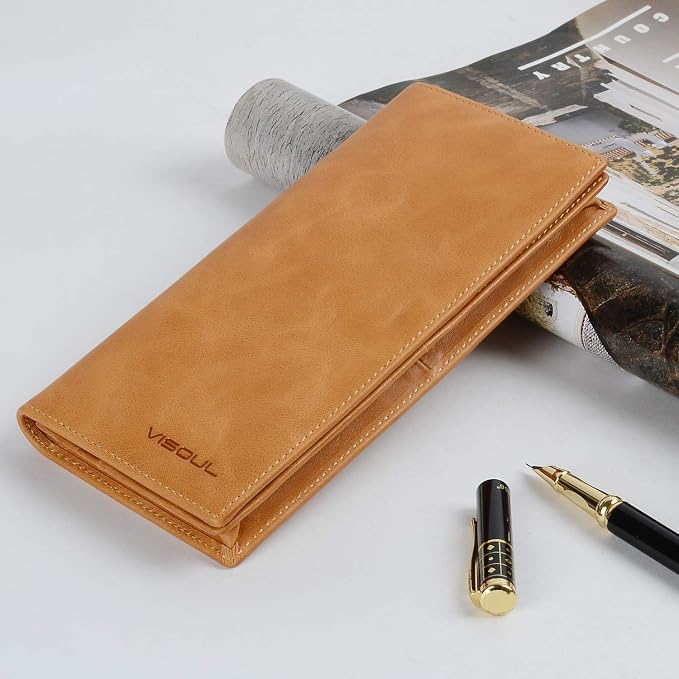 VISOUL Leather Checkbook Cover Wallet for Men with RFID Blocking, Mens Long Bifold Cash Tall Wallet with 11 Credit Card Slots 1 ID Window (Tan)