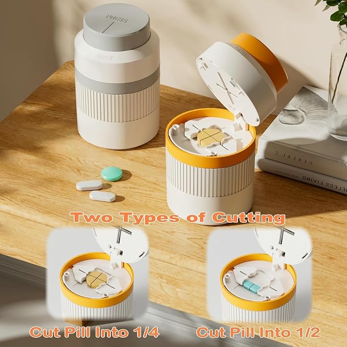 3-in-1 Pill Cutter, 1/2 1/4 Pill Crushers & Splitters with Stainless Steel Hidden Sharp Blade and Storage for Small or Large Pills, Pills Crusher Fine Powder for Tablets (Gray)