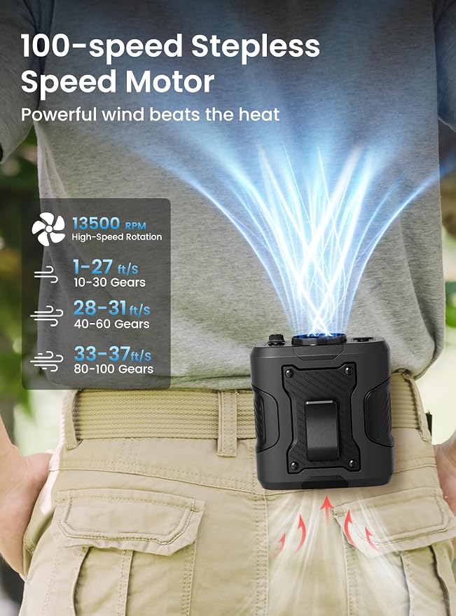 Koonie Waist Clip-on Shirt Fan, 100 Levels of Speeds, 24H Use Time, Black | Cool Clip Fan Under Shirt Fan, Rechargeable Battery, Wearable Belt Personal Device for Outdoor Work, Camping, Travel
