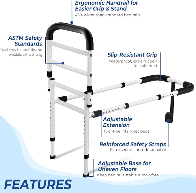 KingPavonini Bed Rails for Elderly Adults Safety ASTM-Approved, 2026 Upgrade Bed Rails for Seniors with Adjustable Anti-Wobble Feet, 400lb Bed Cane, Non-Slip Handle & Storage Bag, No-Tools, Model GL04