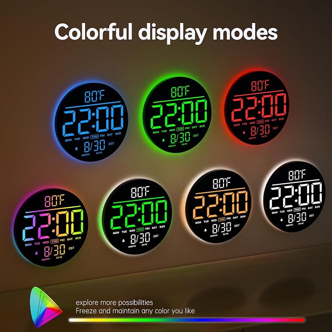 JALL 10" Large Digital Wall Clock with Seconds, Alarm Countdown Timer, Big LED Display, RGB Color, DST, Temperature, Mounted for Bedroom Living Room Office Classroom Gym, Xmas Birthday Gift, Green