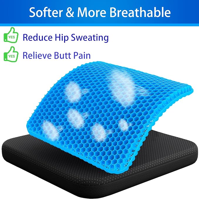 KYSMOTIC Large Gel Seat Cushion for Long Sitting (Large & Thick), Soft & Breathable, Gel Cushion for Wheelchair Reduce Sweat, Chair Cushion for Office Chair (Black Cover) | Gel Cushion for Wheelchair, Soft & Breathable, Gel Chair Cushion for Hip Pain, ...