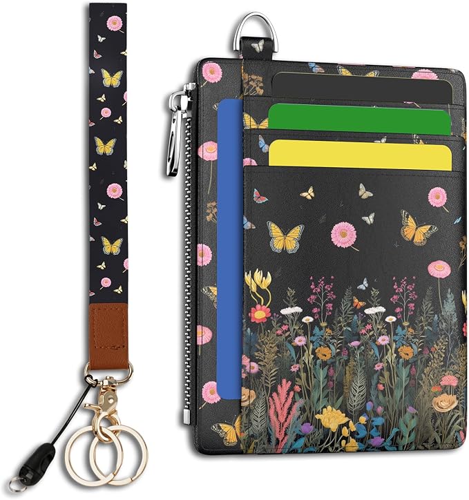 Hancynir Floral Slim Wallet Women Credit Card Holder, Wristlet RFID Small | Butterfly Keychain Wallet, Travel Zipper Coin Pocket, Cute Ladies Gifts Women, Minimalist Card Case, 6 Card Slot, PU Leather