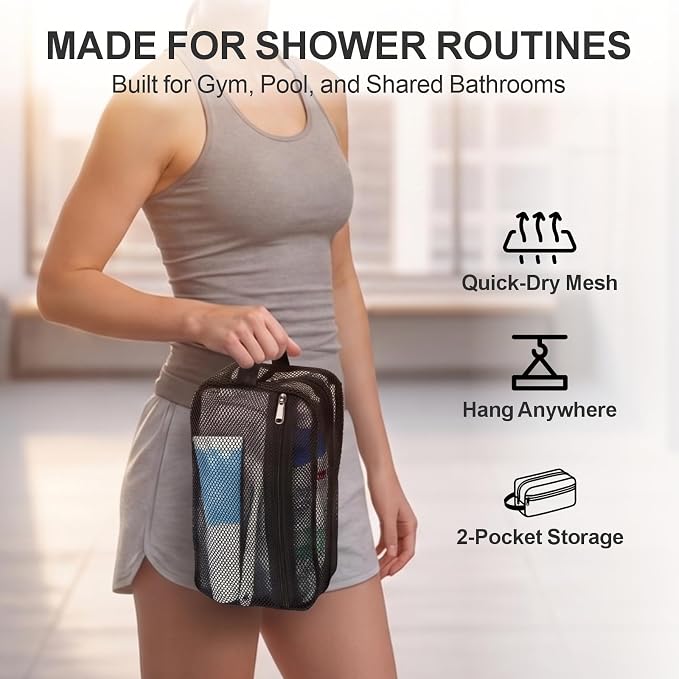 Mesh Shower Caddy Portable with Zipper - Toiletry Shower Bag for travel Gym | 2 Pockets, Quick-Dry Mesh, S-Hook, Small Hanging Shower Caddy for Toiletry Essentials, Bathroom & Camping, Black