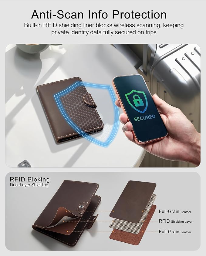RFID Passport Holder for Travel with Hidden Airtag Slot – Genuine Leather Passport Wallet, Travel Gift for Men & Women