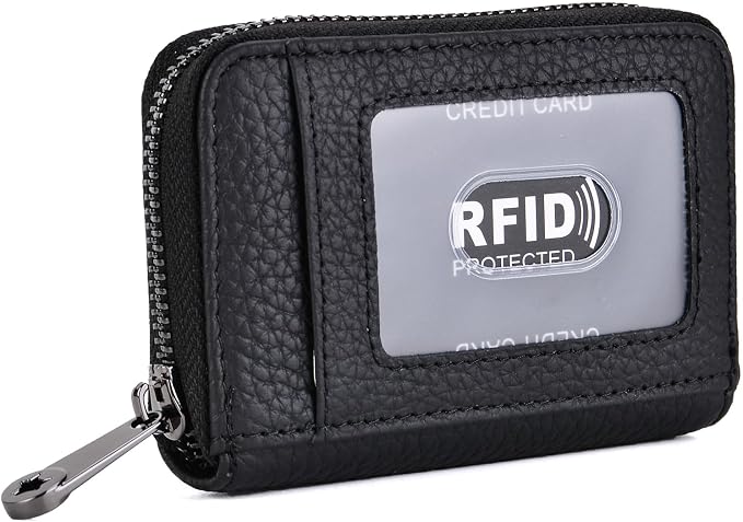 Genuine Leather Credit Card Wallet Accordion Zipper Rfid Credit Card Holder Small Coin Purse with ID Window (black)