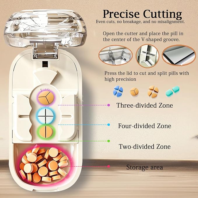 Pill Cutter Splitter for Small or Tiny and Large Pills, Precise Split 1/2, 1/3, 1/4, Pill Divider for Seniors, Adults, Kids and Pets, with Portable Pill Dispenser & Storage Bag and Tweezers