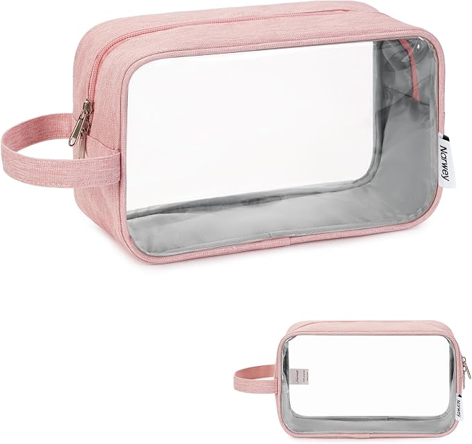 Narwey Clear Travel Toiletry Bags for Traveling Toiletries Men Women, Clear Makeup Bag Cosmetic Bag with Zipper, Make Up Pouch Organizer Bag with Handle, Skincare Beach Snack Medicine Bag, Pink