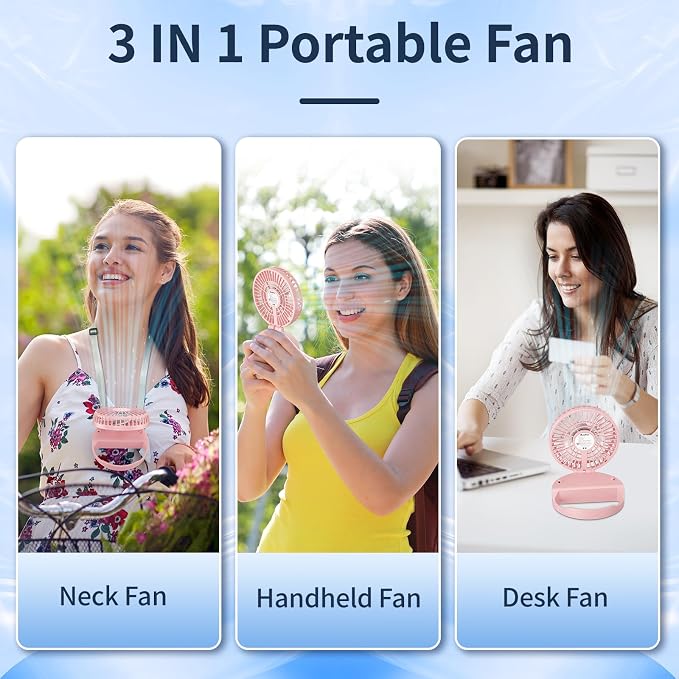 Handheld Mini Fan Rechargeable, Hands Free Necklace Fan, 3 IN 1 Hand Fan, Portable Small Pocket Fan with Magnetic Switch, Lanyard, Battery Operated