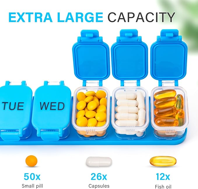 Extra Large Weekly Pill Organizer - Waterproof 7-Day Pill Box, Portable Vitamin & Supplement Case, Easy to Open Design, Ideal for Travel a nd Daily Medication Management (Blue)